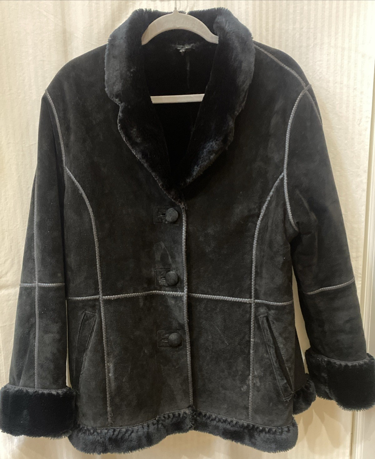 VTG J Percy Marvin Richards Black Leather/Suede Faux Fur Trim Jacket /Coat Sz L