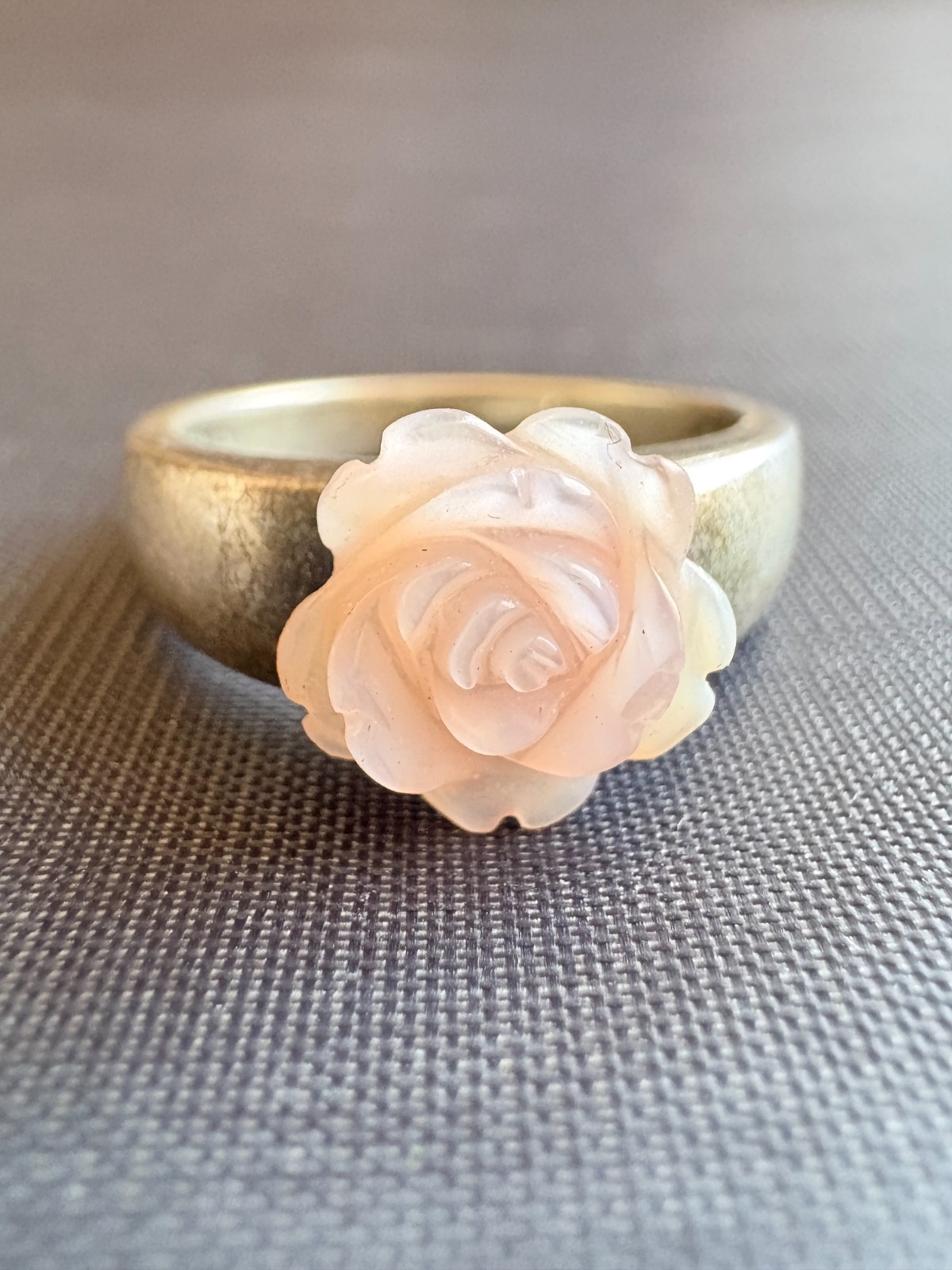 Vintage 925 Sterling Silver Carved Light Pink Jade Rose Ring Size 8 US