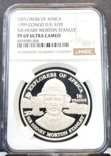 1999 CONGO SILVER 10 FRANCS SIR HENRY MORTON STANLEY NGC PF 69 ULTRA CAMEO RARE