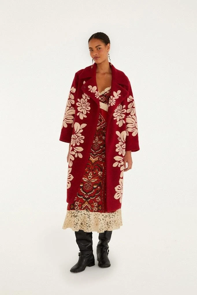 NWT AUTH FARM RIO Burgundy Bold Flowers Fleece Coat Knit Sweater Sz MEDIUM M