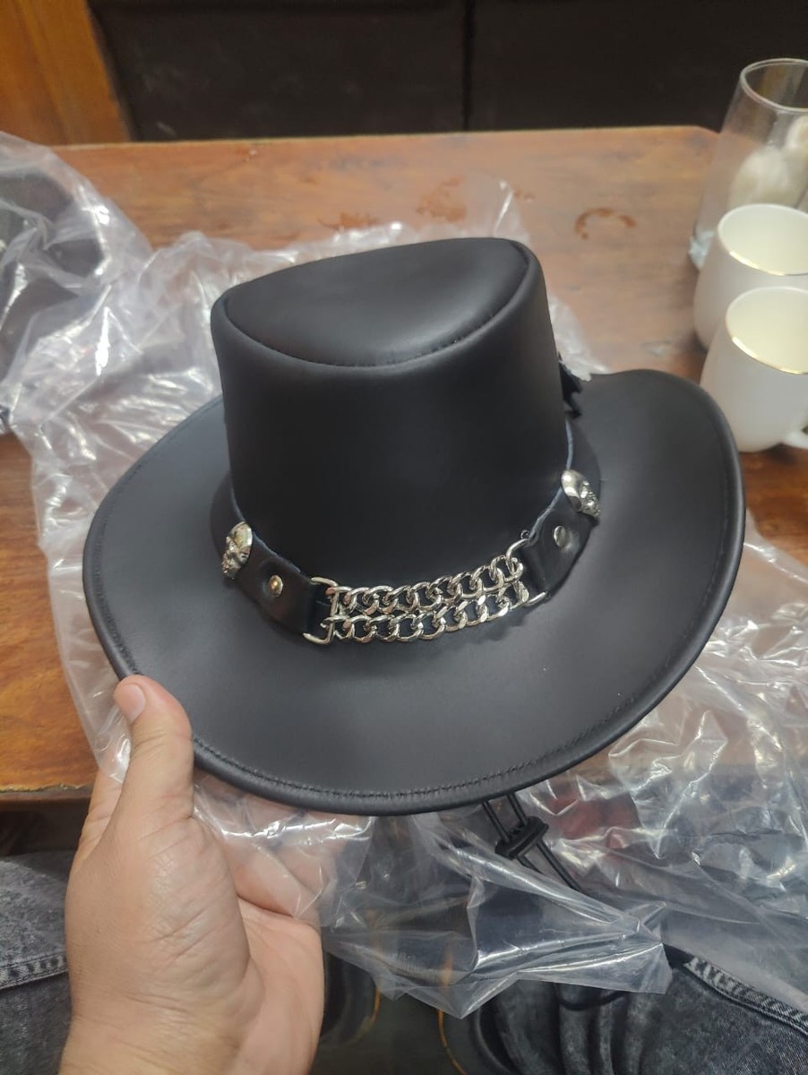 Boutique Faux Leather Hat In Black With Silver Trim Metal Chain And Badge O/S Cowboy Hat - Metal Chain Band - Black Color - Handmade with  main image 2