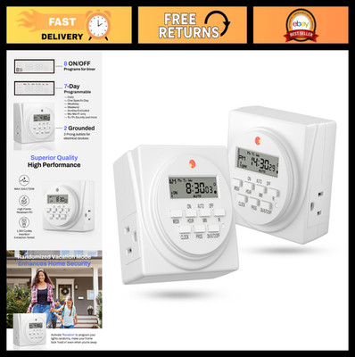 Dual Outlet Digital Timer - 7 Day Programmable Light Switch, 8 On/Off Programs,