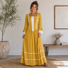 Cottagecore Prairie Maxi Dress Yellow Boho Romantic Ruffle Lace Festival SZ M