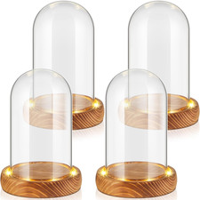 4Pcs 9x15cm Glass Dome Display Case with Light Wood Base Christmas Decor