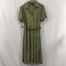 Tahari Green Tiered Belted Linen Blend Button Front Maxi Dress Sz L Summer Vacay