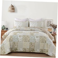 Patchwork Quilt Set Size, 3 Pieces Plaid Design Bedding Set, Soft Queen Beige