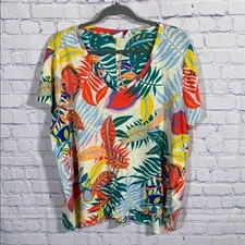 C&C California Womens Short Sleeve V-Neck Top Tropical Print Linen Vacation 2X