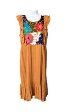 Oaxaca Mexico Floral  Bird Embroidery Hand Stitch Mustard Women Dress S-M