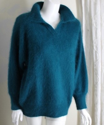 Connie A Lee Sz M L Teal Fluffy 80% Angora Super Soft V-Neck Pullover Sweater