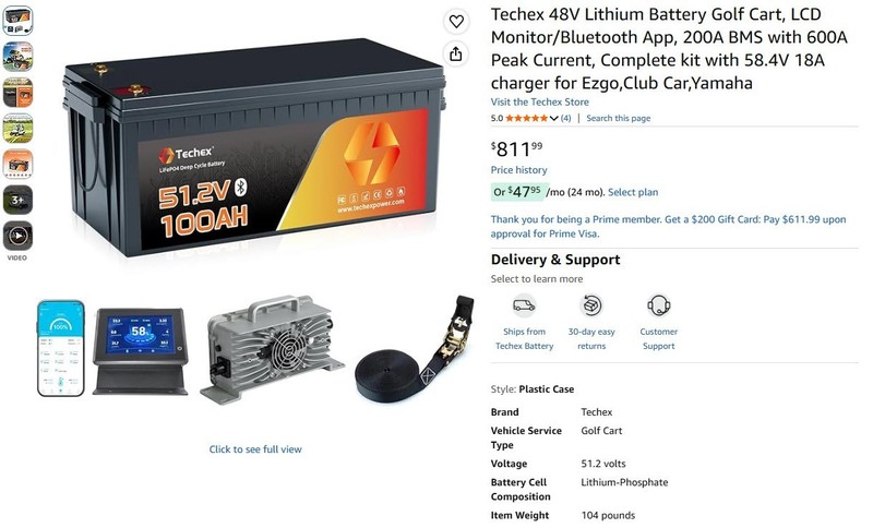 Techex 48V Lithium Battery Golf Cart with Accessories