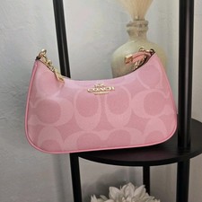 Coach Pink Signature Logo Crescent Shoulder BagGold Hardware Zip Closure2 straps