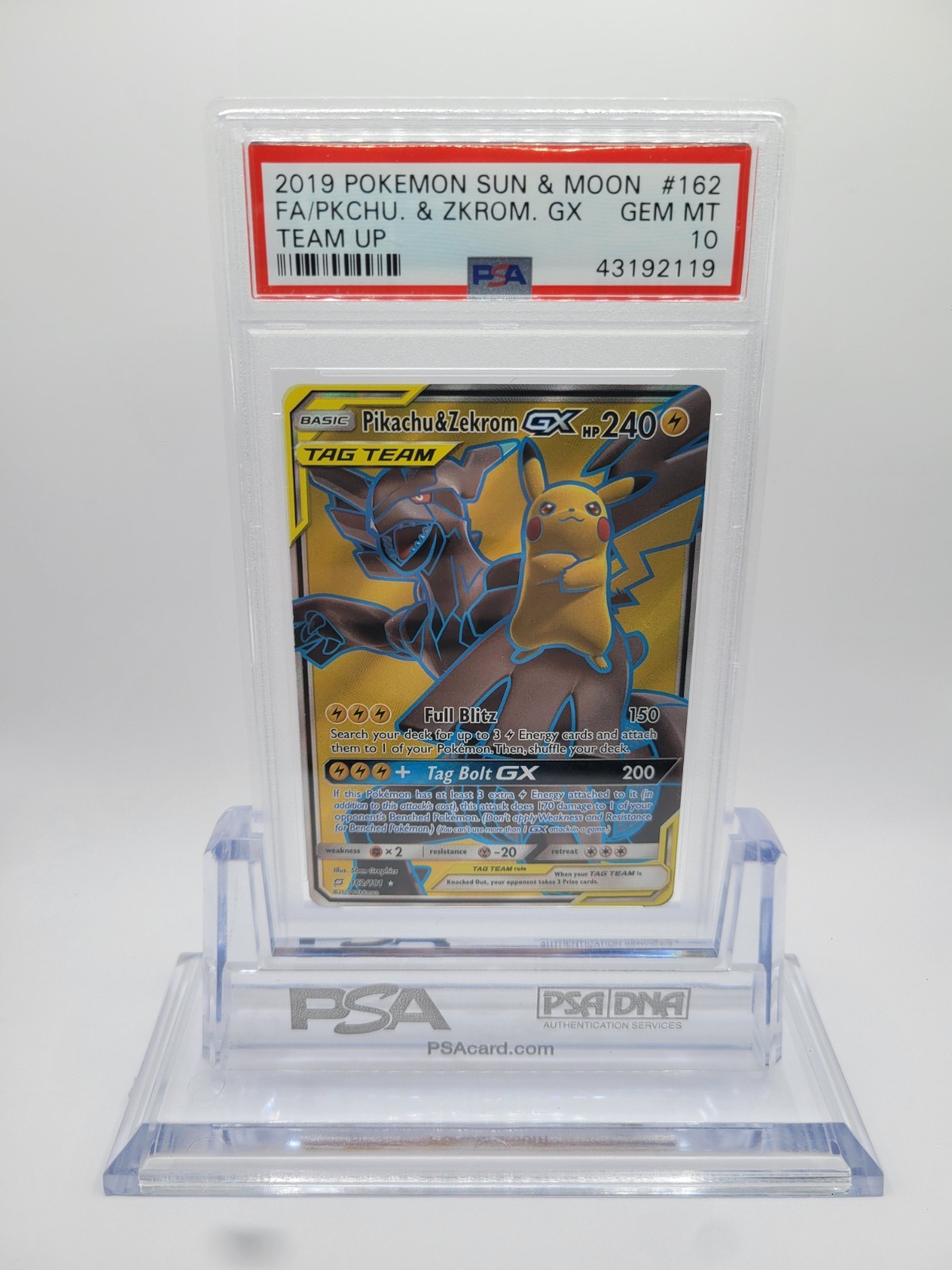 2019 POKEMON Pikachu & Zekrom GX (Full Art) 162/181 Sm-Team Up Holo PSA10