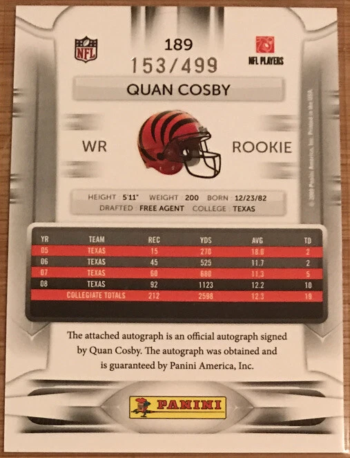 2009 Playoff Prestige Rookie Draft Picks Autographs Quan Cosby #189 #’d 153/499 - Image 2 of 2