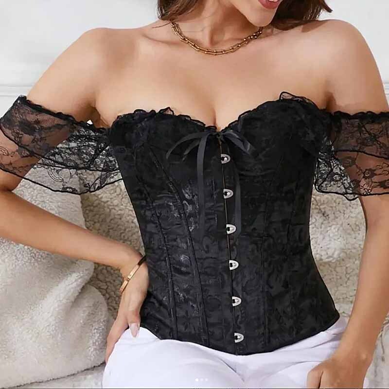 Women Off Shoulder Floral Lace Corset Bustier Boned Overbust