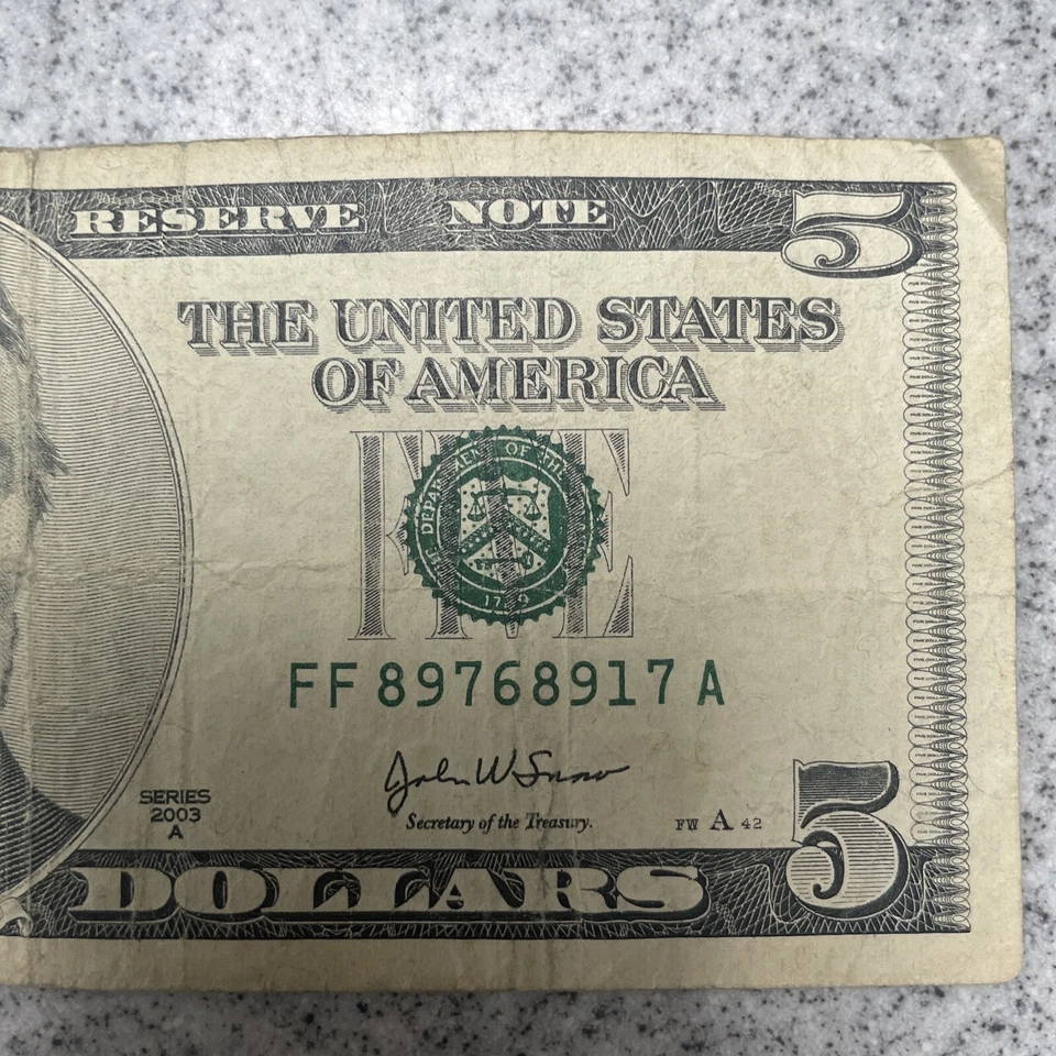 2003 $5 Five Dollar Bill Federal Reserve Note Vintage Rare 21 Years Old - Image 2 of 4