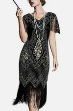 Babeyond Black Silver Beaded Sequin Flapper Gatsby Fringe Cocktail Dress Size S