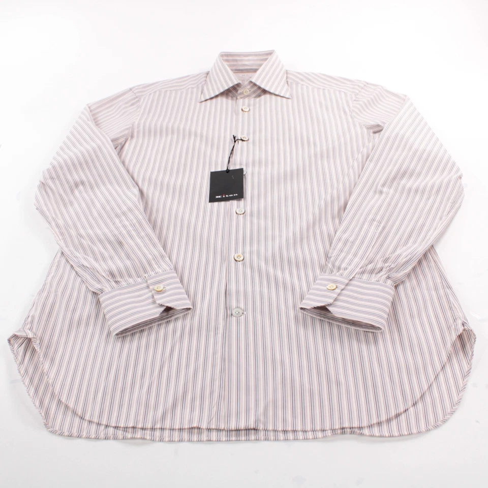 Camisa de vestir Kiton nueva con etiquetas talla 15,75 40 beige y blanco a rayas 100 % algodón Foto 3 de 4
