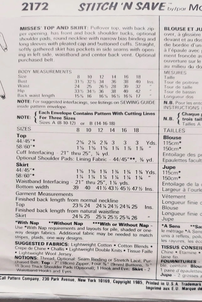 Stitch n Save By McCall's Pattern 2172 Misses Top Skirt Size A 8 10 12 Cut 1985 - Image 3 of 4