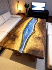 48"x24" Walnut Wood Ocean Epoxy Table Resin River Table Living Room Table Decors