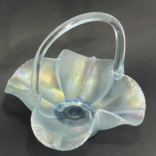 Fenton Basket Blue Hue Iridescent  Glass Handle Sleek Signed Nice