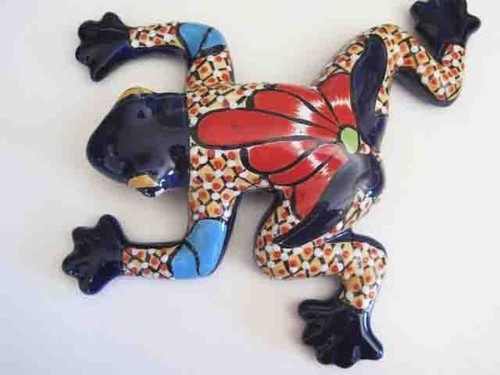 Talavera Ceramic Frog Medium colbalt blue and gold witth flowers 11 inch - Picture 1 of 5