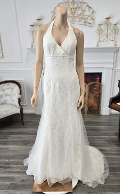 David's Bridal WG3534 Ivory Lace Tulle Beaded Halter Wedding Dress sz 4 |  eBay