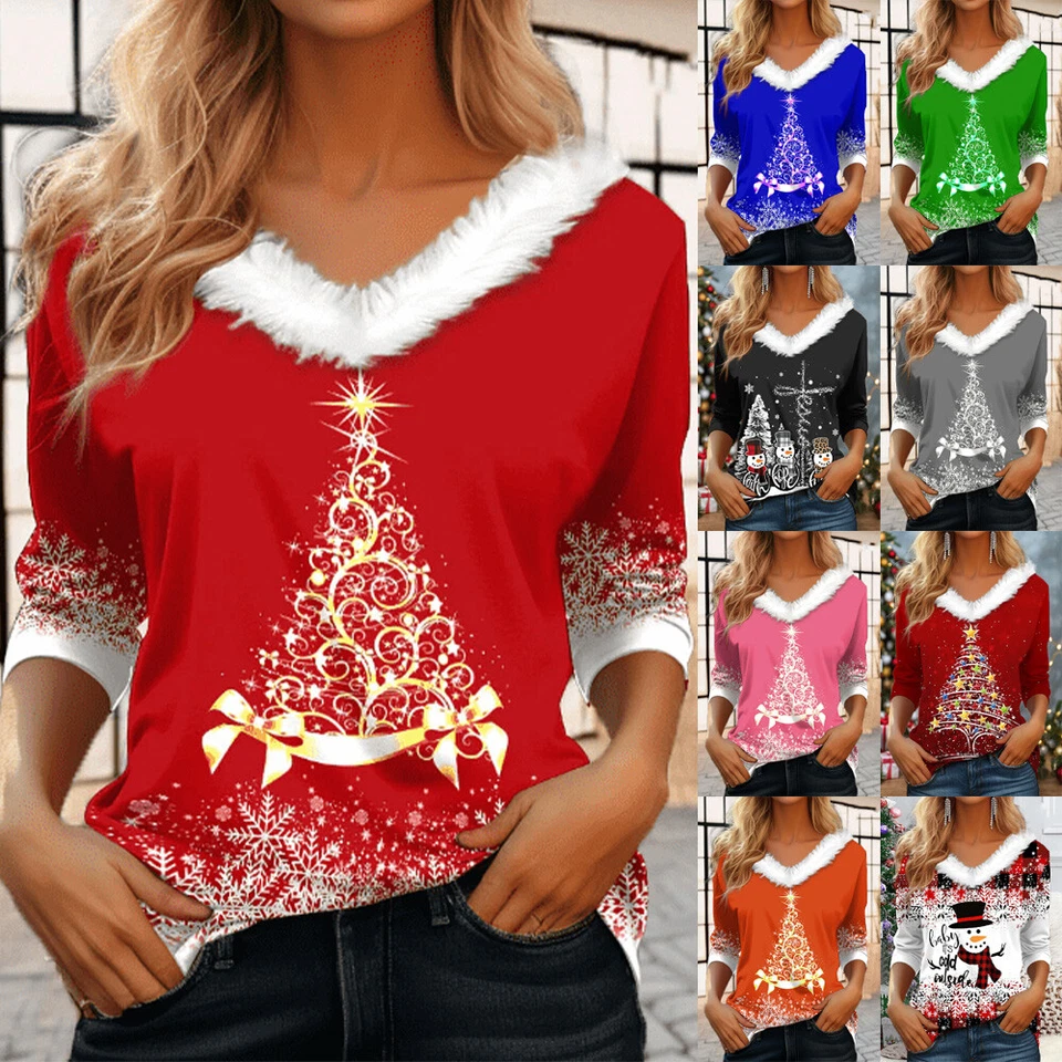 Womens CHRISTMAS Print Tops Xmas Faux Fur Jumper Shirts Pullover Blouse SIZE6-24 - Image 3 of 4