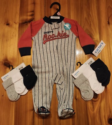 Carter's 0-3 Mo Daddy s Rookie One Pc. 2-Way Zipper Sleeper & 6 Pairs Comb Socks
