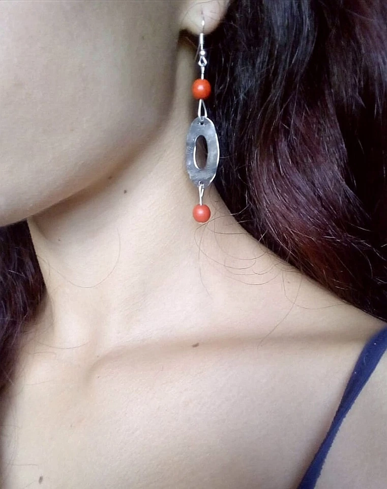 ORECCHINI IN ARGENTO 925 MARTELLATO CON DIASPRO ROSSO NATURALE PENDENTI DESIGN - Immagine 3 di 4