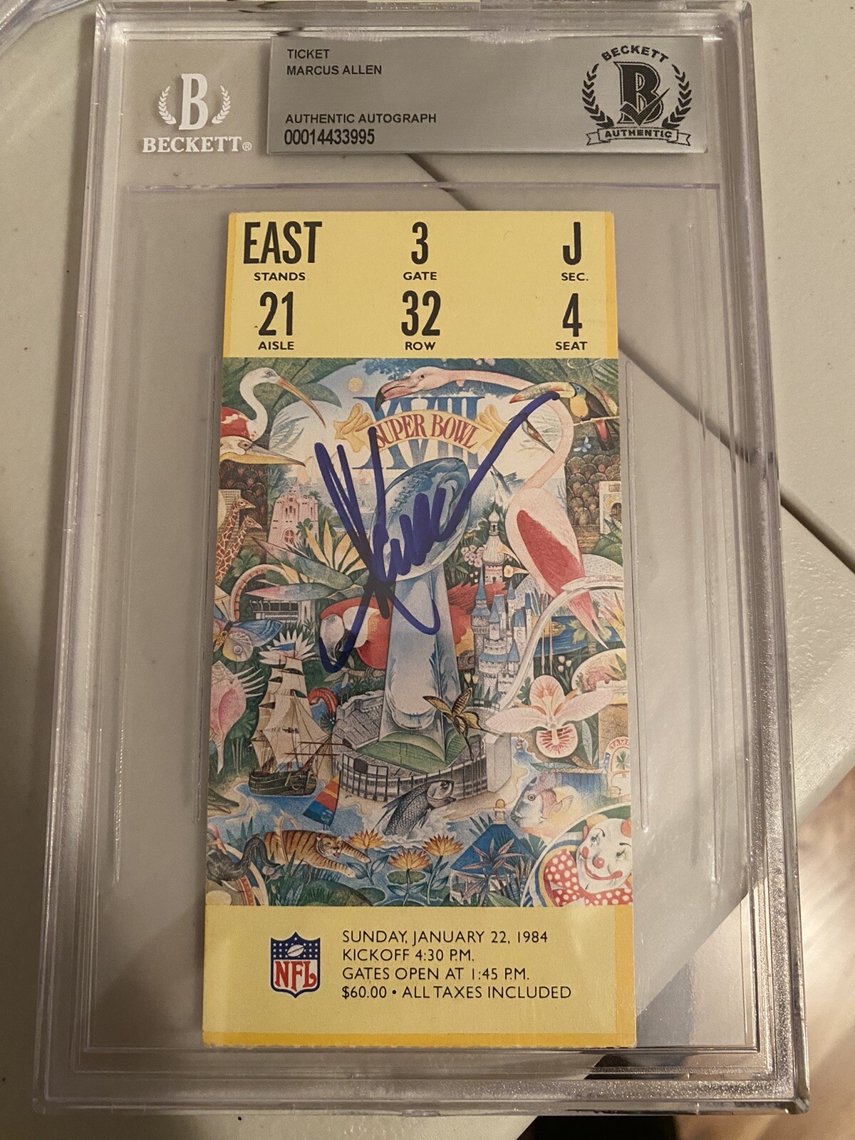 Marcus Allen Autographed Signed Los Angeles Raiders Auto Super Bowl XVIII Ticket BAS Beckett Coa Encap 