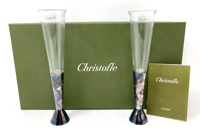 Christofle Collection 3000 Crystal Champagne Flutes Silverplate Base Pair 2 Lot