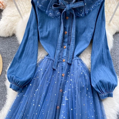 Damen Denim Rüschen Hemden Kleid Midi Langarm Netz Knopf Pailletten Klassisch - Bild 9 von 13
