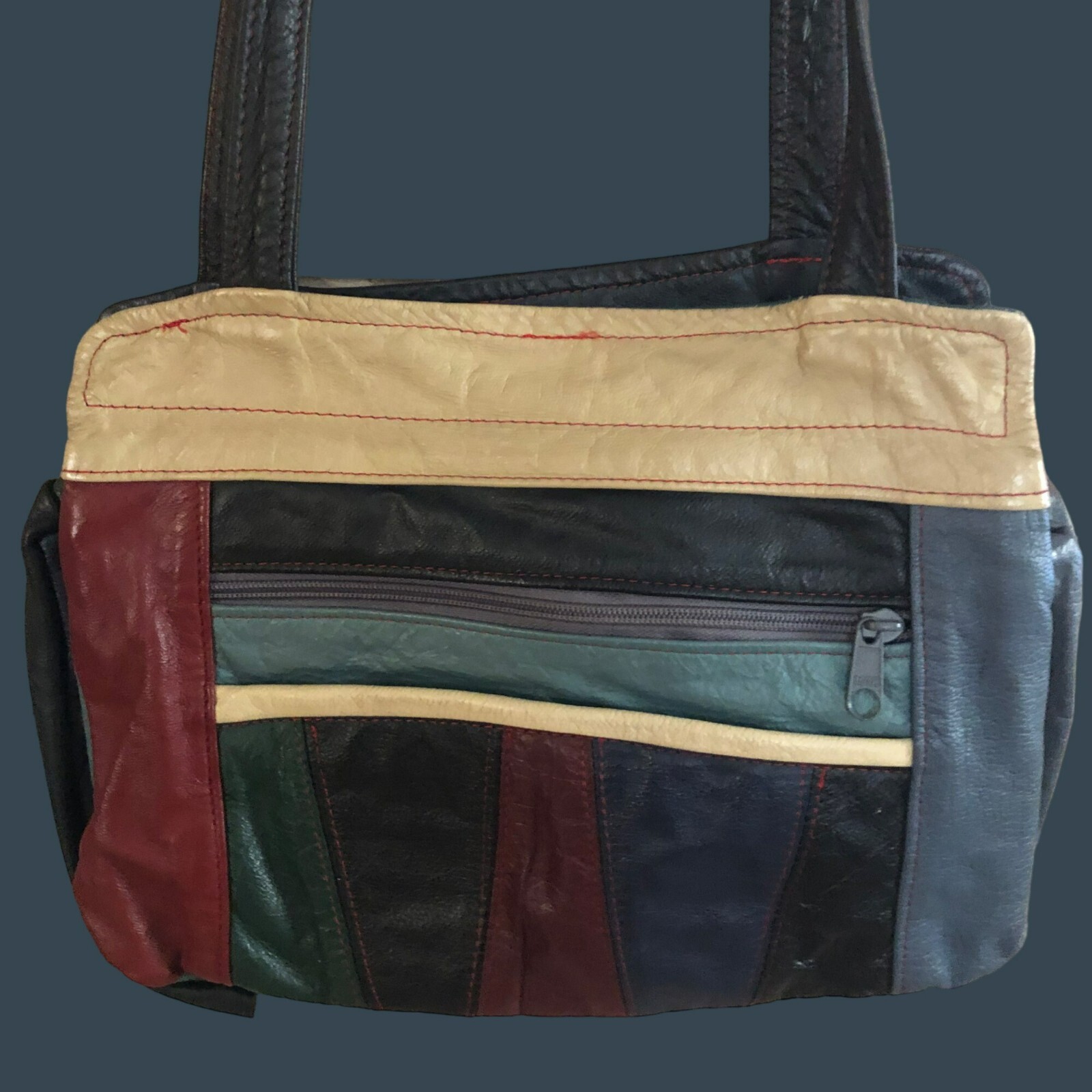 Leather Shoulder Bag Multi-Color Patchwork W/Zipp… - image 2