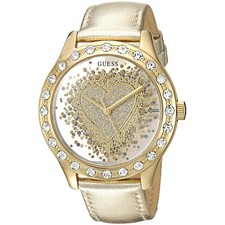 RELOJ GUESS GOLD, ESFERA ESPEJO CRISTAL CORAZÓN, CORREA CUERO ORO PÁLIDO-U0909L2