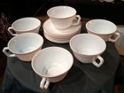 Vintage~Hazel Atlas~6 Cups & Saucers~Platonite Moderntone Milk Glass~Red Stripe