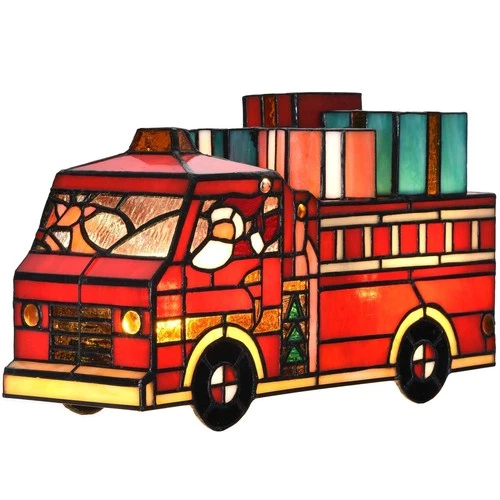 L12009 Tiffany Style Stained Glass Christmas Fire Truck Table Lamp with Santa...
