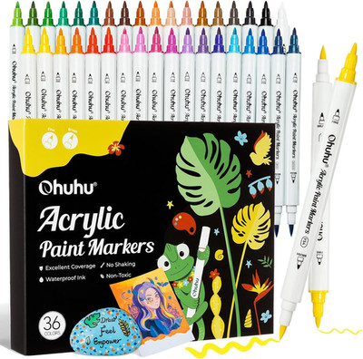Acrylic Paint Markers Dual Tips: 36 Colors Brush & Fine Paint Pens High Opacity 