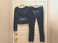 Juicy Couture Velour Tracksuit Set L Evergreen Y2K Rhinestone Bling Hoodie Pants