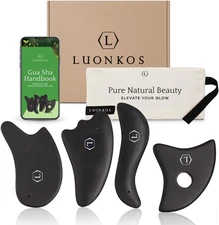 LUONKOS Gua Sha Facial Tools - Set of 4 Black - Large Bian Stone Guasha Tool for