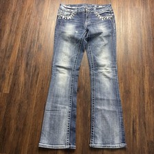 Miss Me Easy Boot Jeans Embellished Rhinestone Distressed Medium Wash Size 29