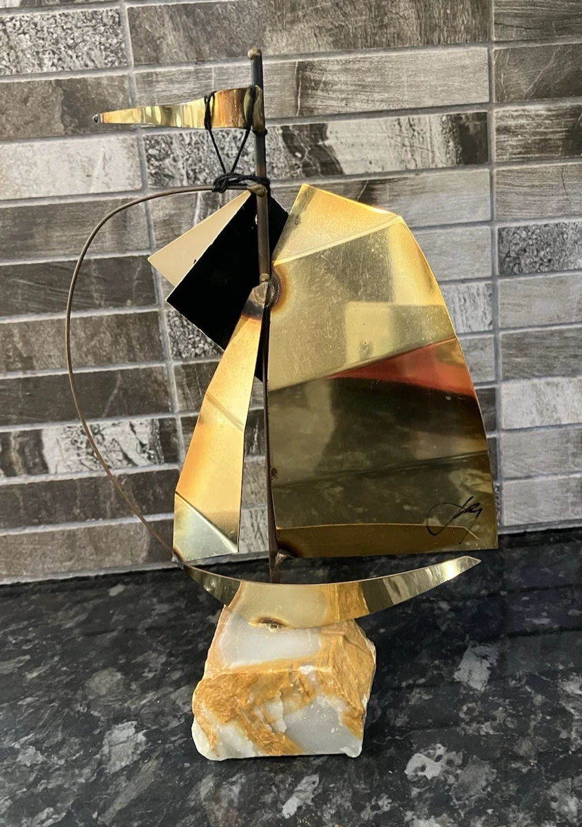 Vintage MCM Signd Mario Jason Torch Cut Brass Sailboat Sculpture Onyx Base w Tag