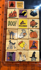  Lot of 17 Halloween Theme Wood Block Rubber Stamps