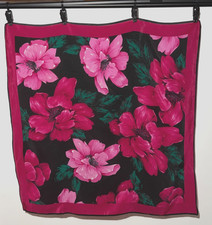 Polisil Crepe Vintage Fuchsia Pink Flowers On Black Large Square Scarf Wrap