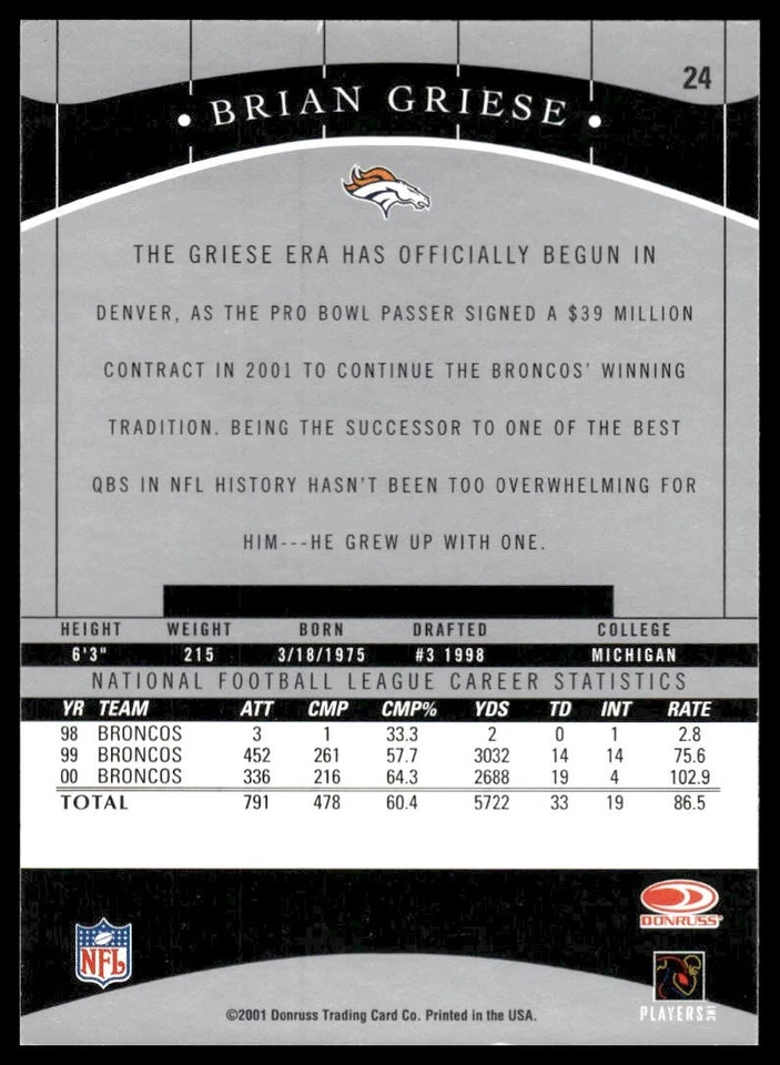2001 Donruss Classics #24 Brian Griese Denver Broncos NM+ - Image 2 of 2
