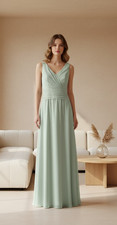 Azazie Sage Green Maxi Dress Size L Bridesmaid Formal Long V Neck Chiffon