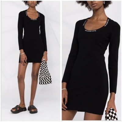 ワンピース ALEXANDER WANG Black Designed Dress short sleeve loungewear dress in ribbed cotton jersey in