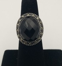 925 Sterling Silver Faceted Black Onyx Ring w/ Marcasite Halo - Size 6 3383