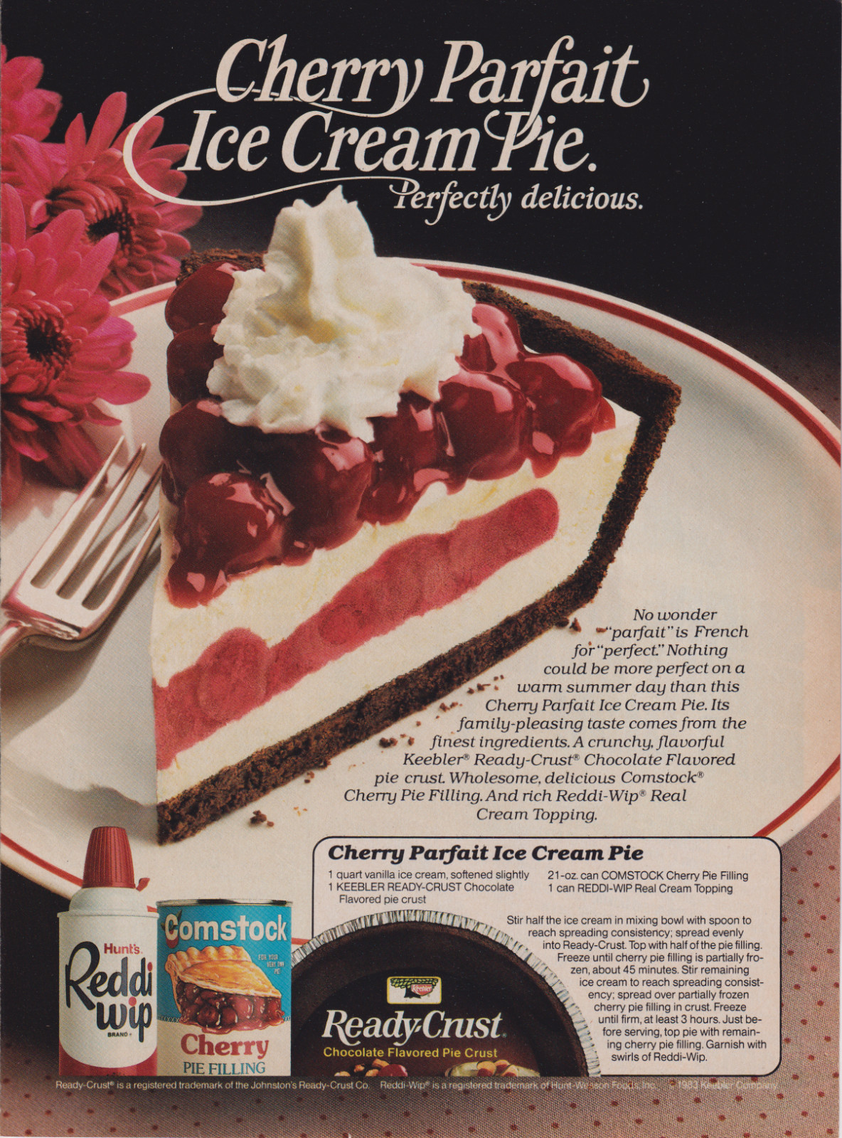 Comstock Keebler Reddi-Wip Vtg 1983 Print Ad Cherry Parfait Ice Cream Pie Recipe