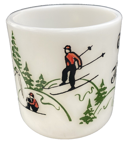 Hazel Atlas Mug Christmas Milk Glass Vintage Holiday Ski Pine Tree Cup USA - Picture 3 of 8