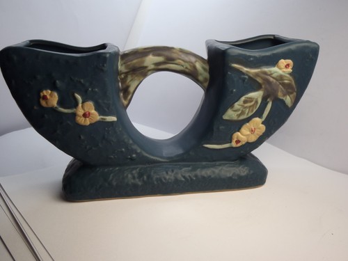 Reproduction Roseville Pottery Apple Blossom Blue 2 Sided Planter Vase 757 4" - Picture 16 of 20
